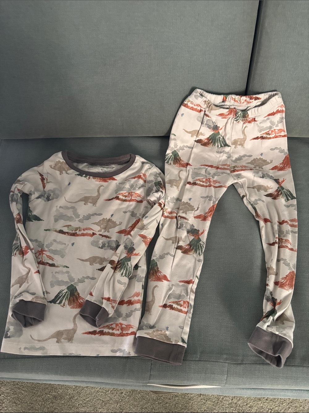 Kids Dinosaur Print Pajama Set in Cream with Brown Trim